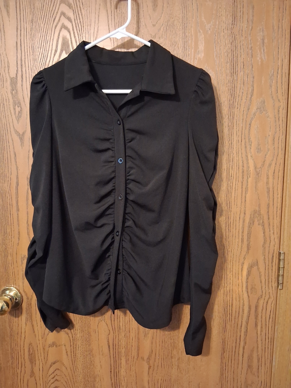 SHEIN Black Ruched-Front Long Sleeve Button-Down Shirt
